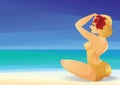 Pinup curvy blonde girl on ocean shore