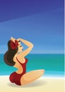 Pinup curvy brunette girl on ocean shore