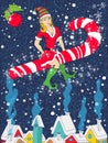 Pinup elf riding candy cane