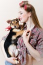 Pinup girl beautiful blond young woman with curlers on her head having fun with little dog in her arms on white copy space Royalty Free Stock Photo