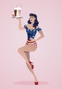 Pinup girl carrying a tray with smoothies, ice cream or frozen yogurt. Wearing symbolic clothing of the American flag