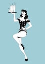 Pinup girl carrying a tray with smoothies, ice cream or frozen yogurt. Wearing symbolic clothing of the American flag