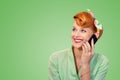 Pinup girl talking on the phone looking up smiling happy Royalty Free Stock Photo