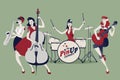 PinUp Girls Band. Four beautiful and tattooed pinup girls playing music. Vector Illustration