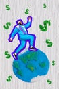 Pinup pop picture poster collage sketch of happy sporty guy running around world develop business earn money usd painted