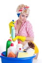 Pinup woman with cleaning set