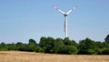 Pinwheel behind a dry meadow and a row of trees Royalty Free Stock Photo