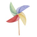 Pinwheel colorful toy. Educational wind fan eco play object clipart. Retro whirligig watercolor illustration for kids