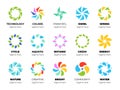 Pinwheel logo templates. Circular simple signs, colorful shapes for business, abstract design, rainbow spinner