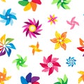 Pinwheel pattern. Seamless print of colorful summer children toy, fan spinner propelled by wind. Vector paper origami