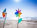 Pinwheel on sand Beach Outdoor Summer holiday background Royalty Free Stock Photo