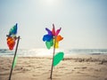 Pinwheel on sand Beach Summer Holiday background outdoor Royalty Free Stock Photo