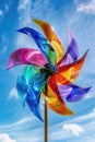 A pinwheel spinning on a pole against a bright blue sky Royalty Free Stock Photo