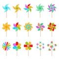 Pinwheel toys. Cartoon paper windmills. Colorful spinners. Different number and shape of blades. Kids outdoor summer