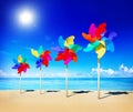 Pinwheels On The Beach Blowing Sunshine Concept Royalty Free Stock Photo