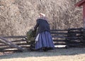 Pioneer woman feeding sheep by a split rail fence