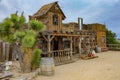 CLOSE UP: Beautiful wooden old west saloon in Pioneertown on a cloudy day.