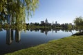 Pionersky park with pond and modern hotels reflection in Batumi