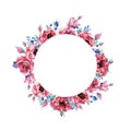 Pions pink flowers round frame with place for text. Watercolor blossom elements isolated and editable. Circle decorative Royalty Free Stock Photo