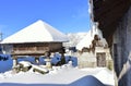 Piornedo mountain village with ancient Palloza stone houses with thatched roofs and traditional wooden granary. Lugo, Spain. Royalty Free Stock Photo