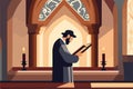 Pious jew prays in synagogue, reading torah, vector illustration, religion