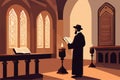 Pious jew prays in synagogue, reading torah, vector illustration, religion