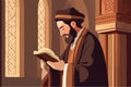 Pious jew prays in synagogue, reading torah, vector illustration, religion