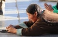 Pious tibet prayer in jokhang temple