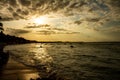 Pipa, Brazil. August 17, 2019. Sunset on the coast of Pipa. Small barges of fishermen on the coast