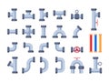 Pipe elements. Water pipeline engineering system details, piping connector construction with tubes and valves drainage