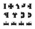 Pipe fittings, water tubes icons. Plumbing, construction pipeline, industrial drainage system vector set isolated