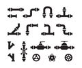 Pipe icons. Metal industry water pipelines valve constructions connectors steel vector pipes silhouettes Royalty Free Stock Photo