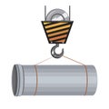 A Pipe is lifted by a crane hook, a single vector stock illustration with pipeline construction isolated on a white background for