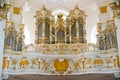 The pipe organ in Pilgrimage Church of Wies. Bavaria, Germany. Royalty Free Stock Photo