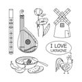 Pipe, pandora, poppy flowers, mill, borscht, rooster, text I love Ukraine. A set of elements of Ukrainian symbols