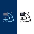 Pipe, Pollution, Radioactive, Sewage, Waste Icons. Flat and Line Filled Icon Set Vector Blue Background
