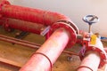 Pipe system Old big plumbing red which has dust dirty inside of building industrial