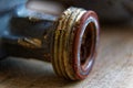 Pipe thread close-up, old rusty metal part of pipe threads