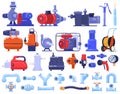 Pipe water pumps machinery, equipment, pipeline technology in industry set of isolated vector illustration.