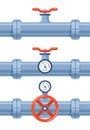 Pipe of water with valve and meter of pressure. Pipe elements. System of pipeline with valve and manometer for industry. Royalty Free Stock Photo