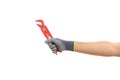 Hand holding a pipe wrench on white background Royalty Free Stock Photo