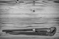 Pipe wrench on a wooden table. Royalty Free Stock Photo