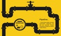 Pipeline background. Oil, water or gas pipe with valve, meter or counter. Plumbing system with gauge.