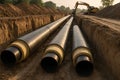 Pipeline construction site with heavy machinery and pipes during daylight. concept of industrial engineering, infrastructure Royalty Free Stock Photo