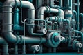 Pipeline network with valves and pumps in a sprawling industrial complex