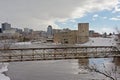 Pipeline over Ottawa river, old industrial buildings and skyscrapers in Gatineau, Quebec, Canada