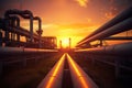 Pipeline and pipe rack of petroleum industrial plant at sunset. Generative AI