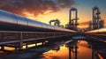 Pipeline and pipe rack of petroleum industrial plant with sunset sky background Generative AI