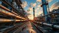 Pipeline of refinery plant at sunset, natural gas and oil pipes of factory in petrochemical industry. Perspective of tube lines Royalty Free Stock Photo