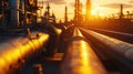 Pipeline of refinery plant at sunset, natural gas and oil pipes of factory in petrochemical industry. Vew of steel industrial tube Royalty Free Stock Photo